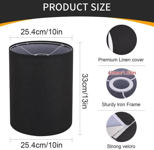 Alt view image 5 of 7 - Black Linen Tall Drum Lampshade, 10" Top x 10" Bottom x 13" High Lamp Shade, Lamp Shade Replacement for Table and Floor Lamps, Pendant Light, Handcrafted Lampshade, Easy Assembly
