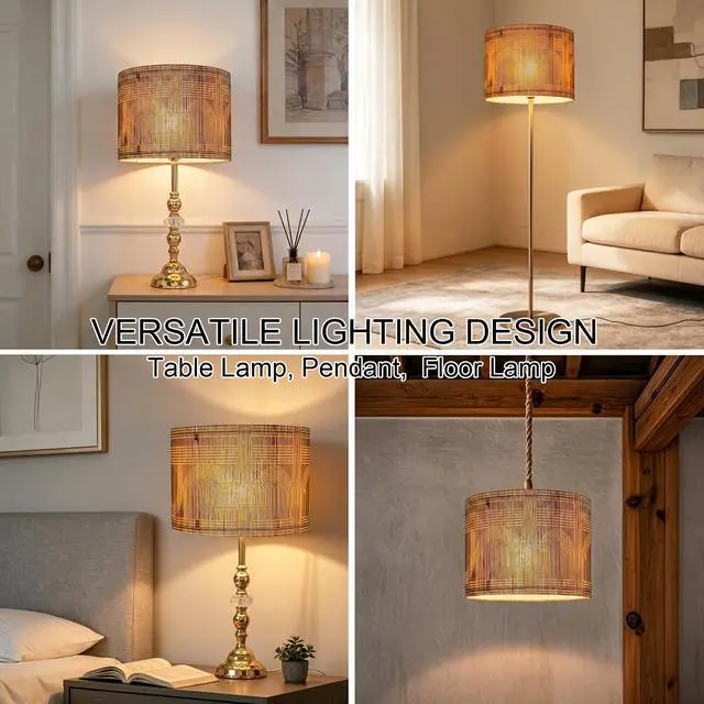 Alt view image 3 of 7 - Rustic Bamboo Boho lamp Shade Decorative Geometric Green Figure 11.8x9Inch