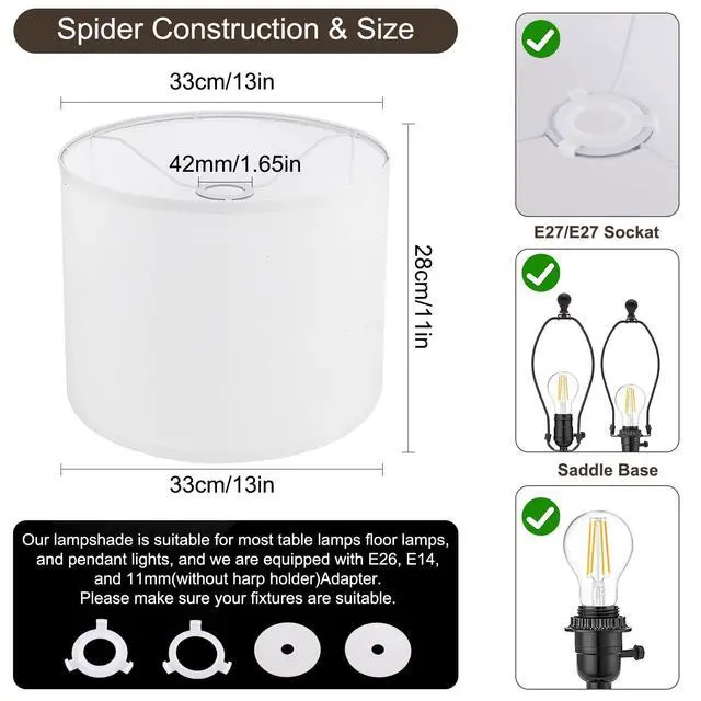 Alt view image 3 of 7 - White Lamp Shade, Large Drum Lampshade 13" Top x 13" Bottom x 11" High (Spider), Replacement Lamp Shade Natural Linen Hand Crafted for Table Lamps Floor Lamps Chandelier Lamp, Easy Assembly Required