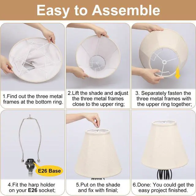 Alt view image 4 of 6 - Bell Lamp Shades Set of 2, 6"Top x 13"Bottom x 10"High, Beige Lamp Shade | Lampshade for Table Lamps Floor Lamps, Fabric Natural Linen Hand Crafted, Spider Fitter, Harp Holders Included, Easy Assembly
