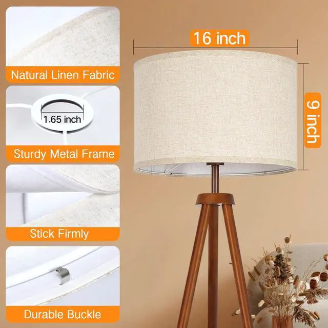 Alt view image 3 of 7 - Beige Large Drum Lamp Shades for Floor Lamps, 16" Top x16" Bottom x 9" High, Easy to Assemble, Replacement Linen Lampshades for Table Lamps & Bedside Lamps (1.65" Spider)