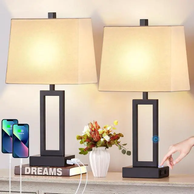 Main image of 23.5" Touch Control Table Lamps Set of 2, Bedside Lamp with 2 USB Ports & AC Outlet, 3-Way Dimmable Nightstand Lamp with White Linen Shade for Living Room Bedroom End Table Office(2 LED Bulb Included)