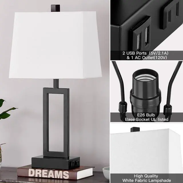 Alt view image 2 of 7 - 23.5" Touch Control Table Lamps Set of 2, Bedside Lamp with 2 USB Ports & AC Outlet, 3-Way Dimmable Nightstand Lamp with White Linen Shade for Living Room Bedroom End Table Office(2 LED Bulb Included)
