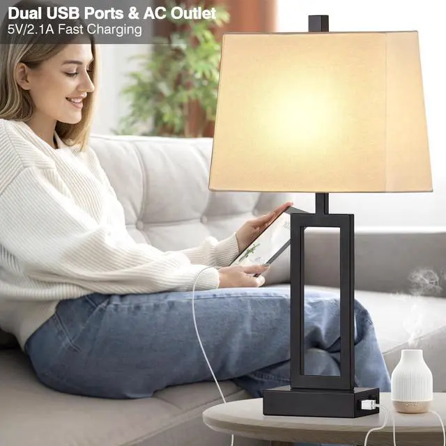 Alt view image 3 of 7 - 23.5" Touch Control Table Lamps Set of 2, Bedside Lamp with 2 USB Ports & AC Outlet, 3-Way Dimmable Nightstand Lamp with White Linen Shade for Living Room Bedroom End Table Office(2 LED Bulb Included)