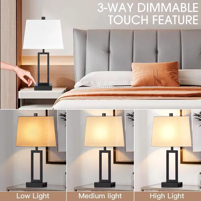 Alt view image 4 of 7 - 23.5" Touch Control Table Lamps Set of 2, Bedside Lamp with 2 USB Ports & AC Outlet, 3-Way Dimmable Nightstand Lamp with White Linen Shade for Living Room Bedroom End Table Office(2 LED Bulb Included)