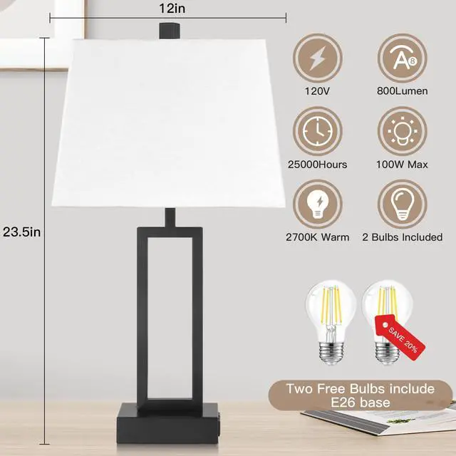 Alt view image 5 of 7 - 23.5" Touch Control Table Lamps Set of 2, Bedside Lamp with 2 USB Ports & AC Outlet, 3-Way Dimmable Nightstand Lamp with White Linen Shade for Living Room Bedroom End Table Office(2 LED Bulb Included)