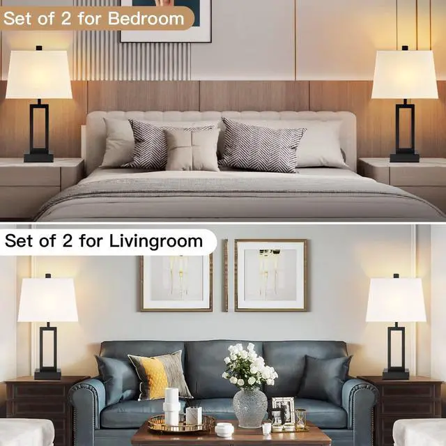 Alt view image 6 of 7 - 23.5" Touch Control Table Lamps Set of 2, Bedside Lamp with 2 USB Ports & AC Outlet, 3-Way Dimmable Nightstand Lamp with White Linen Shade for Living Room Bedroom End Table Office(2 LED Bulb Included)