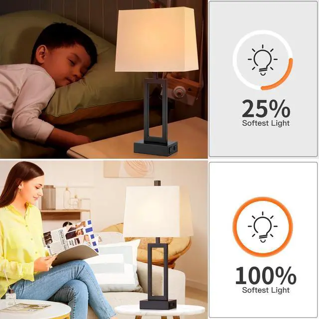 Alt view image 7 of 7 - 23.5" Touch Control Table Lamps Set of 2, Bedside Lamp with 2 USB Ports & AC Outlet, 3-Way Dimmable Nightstand Lamp with White Linen Shade for Living Room Bedroom End Table Office(2 LED Bulb Included)