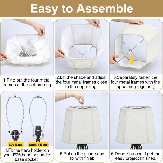 Alt view image 3 of 6 - Rectangle Lamp Shades Set of 2, 10.5" x 10"x 13" Medium Cut Corner Beige Lampshades Natural Linen Hand Crafted, Include 2 Pack Lamp Harps, Suitable for E26 Base and Saddle Base, Easy Assembly Required