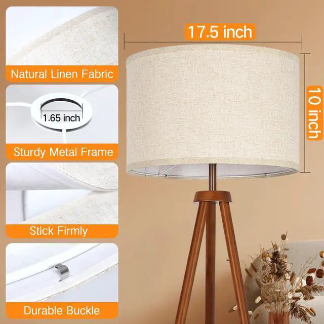 Alt view image 3 of 7 - Beige Large Drum Lamp Shades for Floor Lamps, 17.5" Top x 17.5" Bottom x 10" High, Easy to Assemble, Replacement Linen Lampshades for Table Lamps & Bedside Lamps (1.65" Spider)