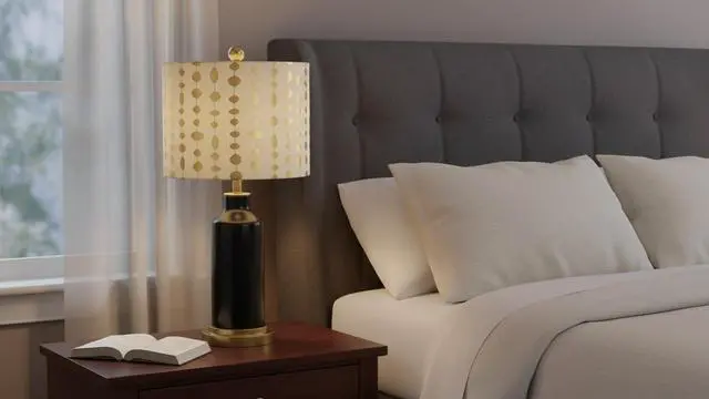 Alt view image 7 of 7 - 31097 Transitional Drum (Cylinder) Shaped Spider Construction Lamp Shade in Beige & Gold Printed, 12" Wide (12" x 12" x 10")