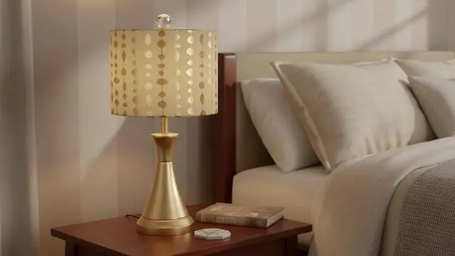 Alt view image 6 of 7 - 31097 Transitional Drum (Cylinder) Shaped Spider Construction Lamp Shade in Beige & Gold Printed, 12" Wide (12" x 12" x 10")