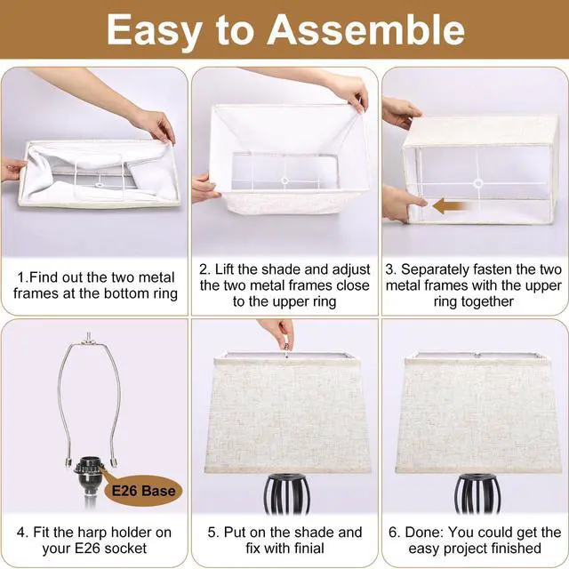 Alt view image 7 of 7 - Rectangle Lamp Shades Set of 2, Top 7"x12.5", Bottom 9"x15", Height 10"Large Beige Lampshades for Table Lamps Floor Lamps, Square Lamp Shade Replacement, Spider, Harp Holders Included, Easy Assembly
