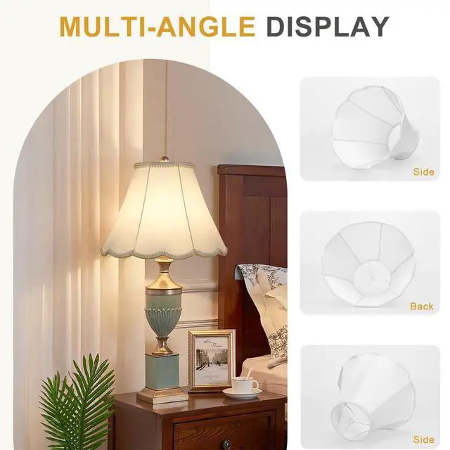 Alt view image 3 of 7 - Scalloped Lamp Shades Set of 2, White Lamp Shade with Petal Edge Braid, 6.1"Top x 13"Bottom x 9.6"High, Bell Lamp Shades for Table Lamps Floor Lamps, Spider, Harp Holders Included, Easy Assembly