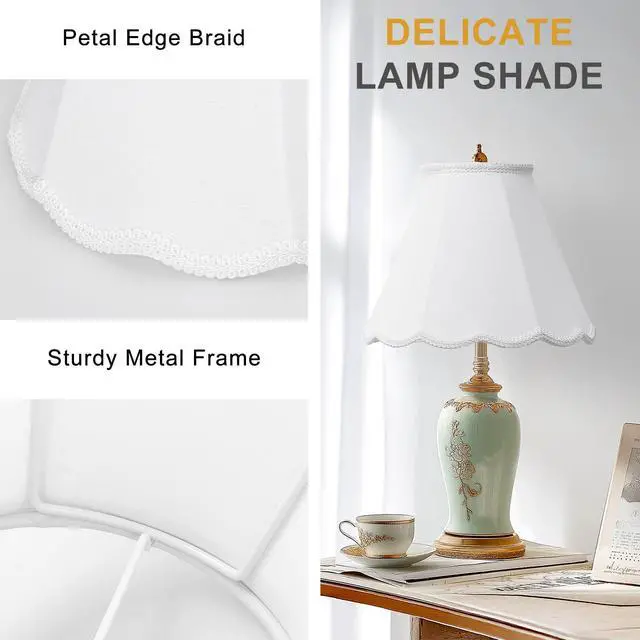 Alt view image 4 of 7 - Scalloped Lamp Shades Set of 2, White Lamp Shade with Petal Edge Braid, 6.1"Top x 13"Bottom x 9.6"High, Bell Lamp Shades for Table Lamps Floor Lamps, Spider, Harp Holders Included, Easy Assembly