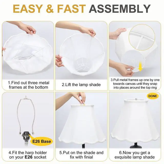 Alt view image 6 of 7 - Scalloped Lamp Shades Set of 2, White Lamp Shade with Petal Edge Braid, 6.1"Top x 13"Bottom x 9.6"High, Bell Lamp Shades for Table Lamps Floor Lamps, Spider, Harp Holders Included, Easy Assembly