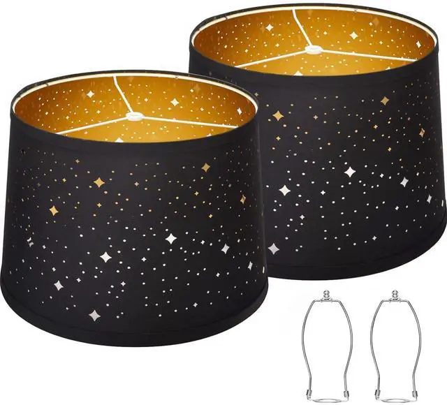 Main image of Black Drum Lampshades Set of 2 with Sky Stars Design, 11.6" x 12.6" x 9.8"