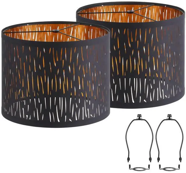 Main image of Black Lampshades Set of 2, Drum Lamp shade with Hollow-carved Design, 12.7" x 12.7" x 10 Inches Lampshades for Table Lamp, Floor Lamp, Pendant Light, Lamp Shade Harp Holder Included