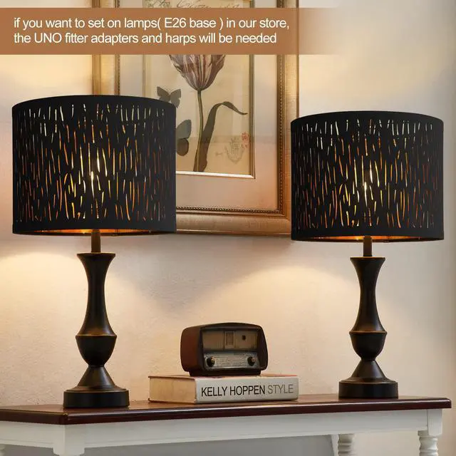 Alt view image 2 of 7 - Black Lampshades Set of 2, Drum Lamp shade with Hollow-carved Design, 12.7" x 12.7" x 10 Inches Lampshades for Table Lamp, Floor Lamp, Pendant Light, Lamp Shade Harp Holder Included