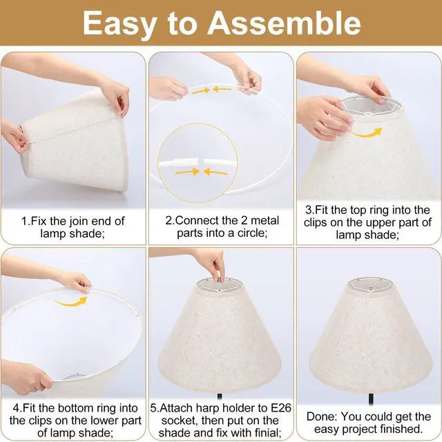 Alt view image 7 of 7 - Empire Lamp Shades Set of 2, 6" Top x 16" Bottom x 10.8" High, Large Beige Lamp Shades for Table Lamps Floor Lamps, Natural Linen Lampshades Replacement, Spider, Harp Holders Included, Easy Assembly
