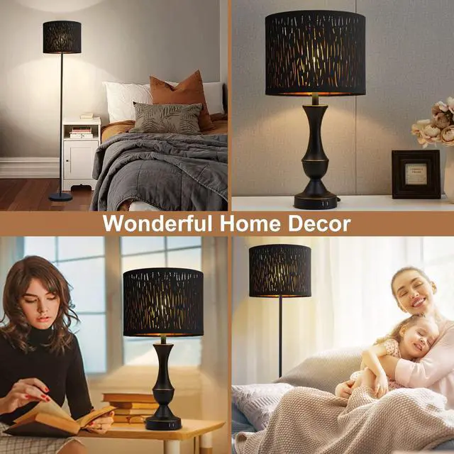 Alt view image 6 of 7 - Black Lampshades Set of 2, Drum Lamp shade with Hollow-carved Design, 12.7" x 12.7" x 10 Inches Lampshades for Table Lamp, Floor Lamp, Pendant Light, Lamp Shade Harp Holder Included