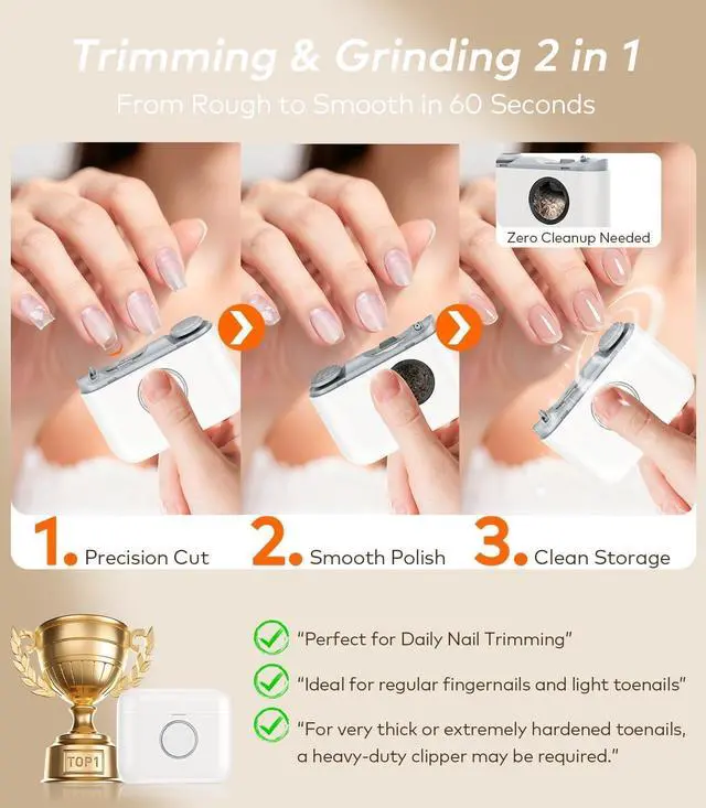 Alt view image 5 of 7 - Electric Nail Clipper for Seniors |Dual-Blade System| Toenail & Fingernail Automatic 2-in-1 Trimmer & Polish with LED Light & Clip Storage Ultra-Quiet & Safe for Baby & Adults