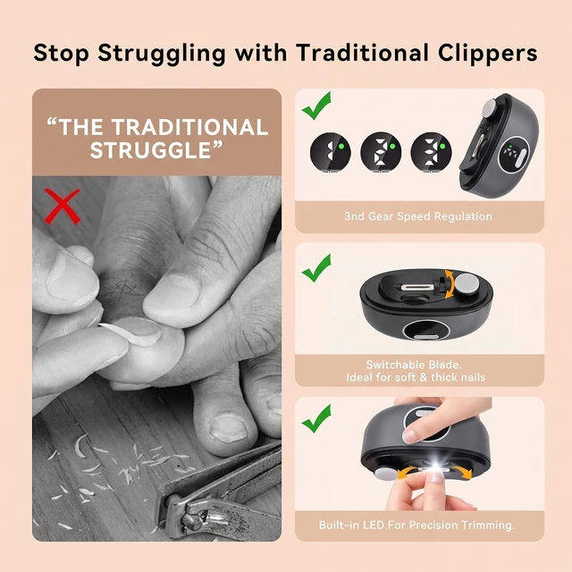 Alt view image 3 of 7 - Electric Nail Clipper for Seniors, Automatic Nail Trimmer | Dual-Blade 3-in-1 Rechargeable Electric Nail Cutter with Quiet 3-Speed, LED Light & Built-in Debris Storage