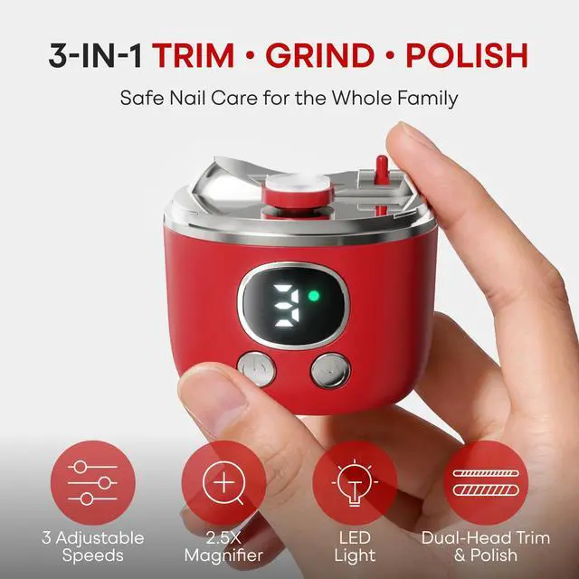 Alt view image 2 of 7 - Electric Nail Clipper for Fingernails & Toenails, 3-Speed Automatic Nail Trimmer with LED Light & Magnifying Glass, USB Rechargeable, Safe for Adults, Seniors & Kids, Nail Grinder with Storage (Red)