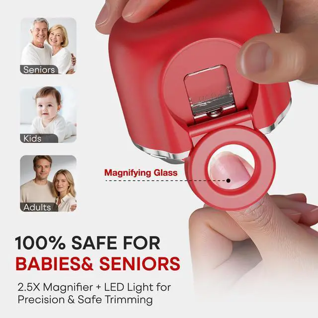 Alt view image 3 of 7 - Electric Nail Clipper for Fingernails & Toenails, 3-Speed Automatic Nail Trimmer with LED Light & Magnifying Glass, USB Rechargeable, Safe for Adults, Seniors & Kids, Nail Grinder with Storage (Red)