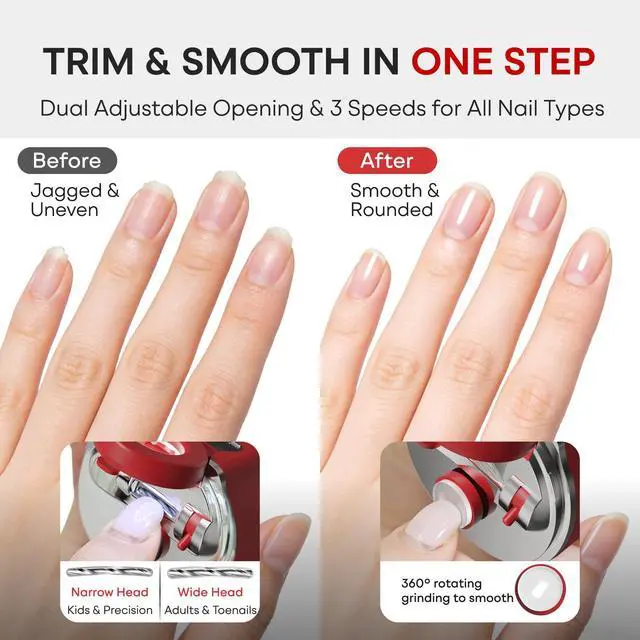 Alt view image 4 of 7 - Electric Nail Clipper for Fingernails & Toenails, 3-Speed Automatic Nail Trimmer with LED Light & Magnifying Glass, USB Rechargeable, Safe for Adults, Seniors & Kids, Nail Grinder with Storage (Red)