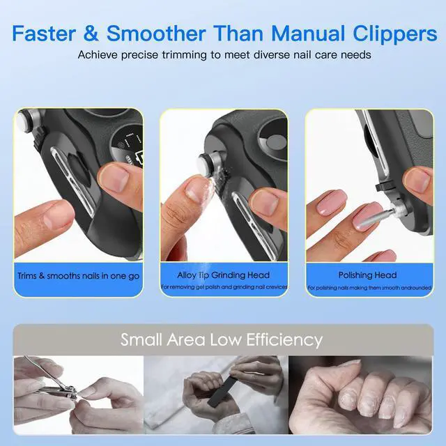 Alt view image 3 of 7 - Electric Nail Clipper, 3 in 1 Electric Nail Clippers with Interchangeable Heads, Built-in Magnifier, Dual Polishing Modes, LCD Display, Debris Storage, for Seniors, Adults, Kids
