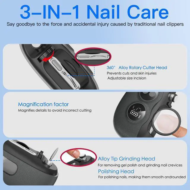 Alt view image 6 of 7 - Electric Nail Clipper, 3 in 1 Electric Nail Clippers with Interchangeable Heads, Built-in Magnifier, Dual Polishing Modes, LCD Display, Debris Storage, for Seniors, Adults, Kids