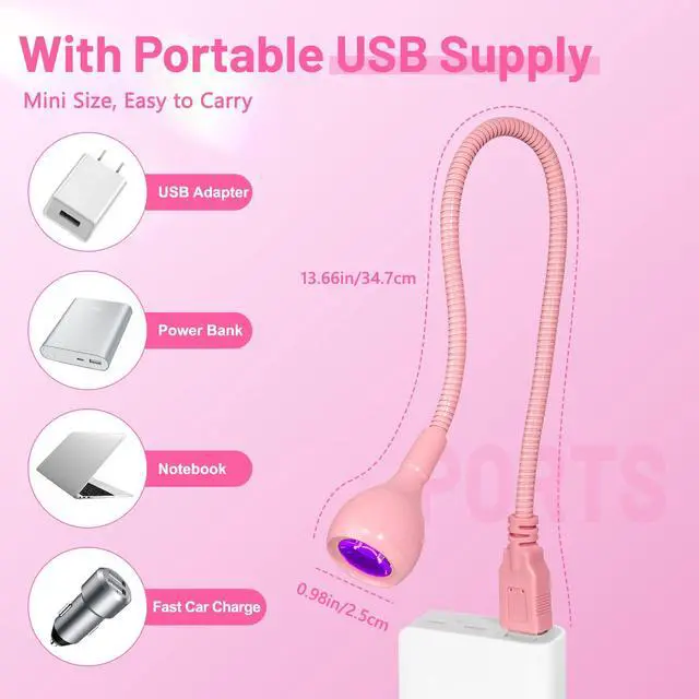 Alt view image 3 of 7 - 3W USB UV Nail Lamp with Flexible Gooseneck for Gel Nails, Pink