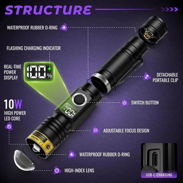 Alt view image 2 of 7 - Flashlight UV Black Light 395nm Super Bright LED Ultraviolet Light