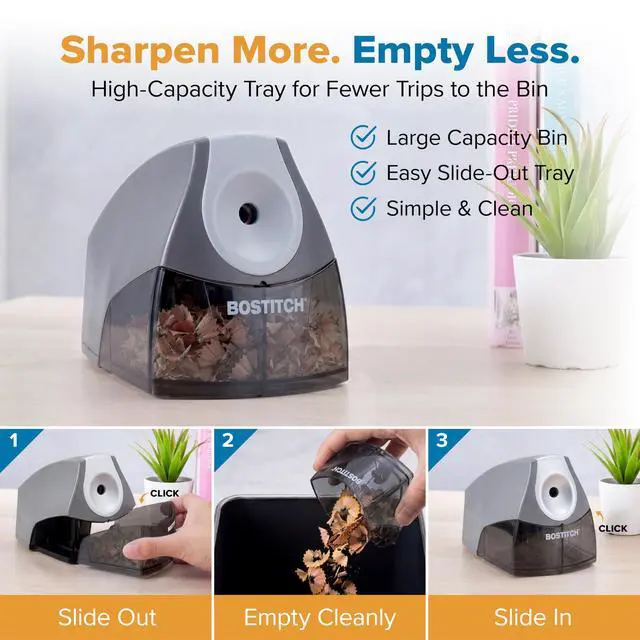 Alt view image 2 of 6 - Office Personal Electric Pencil Sharpener, Powerful Stall-Free Motor, High Capacity Shavings Tray, Gray (EPS4-KTGRAY)