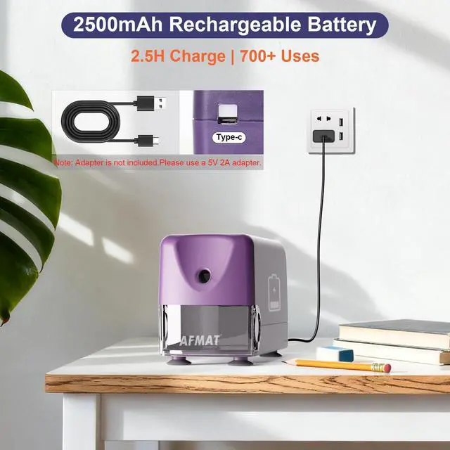 Alt view image 6 of 7 - Electric Pencil Sharpener Heavy Duty, Cordless & Rechargeable, Classroom Pencil Sharpener for 6-11mm No.2/Colored Pencils, Auto Stop, Fast Sharpen, Save Pencil, 10,000 Sharpenings, Purple, PSD3