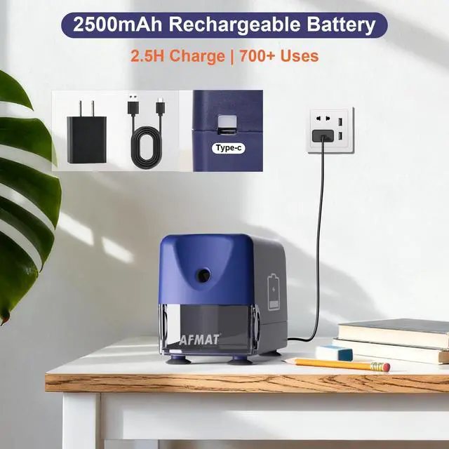 Alt view image 6 of 7 - Electric Pencil Sharpener for Classroom, Cordless & Rechargeable, Heavy Duty Pencil Sharpener for 6-11mm No.2/Colored Pencils, 10K+ Uses, Auto Stop, 2s Fast Sharpen, Battery Powered with Adapter