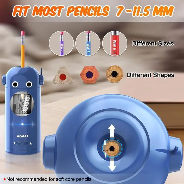 Alt view image 3 of 6 - Electric Pencil Sharpener for Colored Pencils 7-11.5mm, Fully Automatic Robot Pencil Sharpener, Auto in & Out, Rechargeable Hands-Free for Classroom/Home/Office, Battery Operated, PSX5RB, Blue