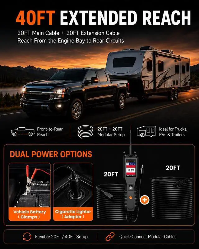 Alt view image 4 of 7 - PB100 Automotive Power Circuit Probe, 12-24 VDC Car Electrical Diagnostic Tool, AC/DC Voltage Current Resistance Short Detection, Trailer Light Test, Digital Voltmeter Ohmmeter, 40FT Cables