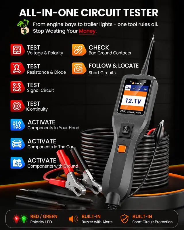 Alt view image 2 of 7 - PB60 Automotive Power Circuit Probe Tester 12-24V, All-in-One Electrical Diagnostic Tool with Component Activation, Short Finder, Digital Multimeter Ohmmeter Functions for Cars Trucks RVs