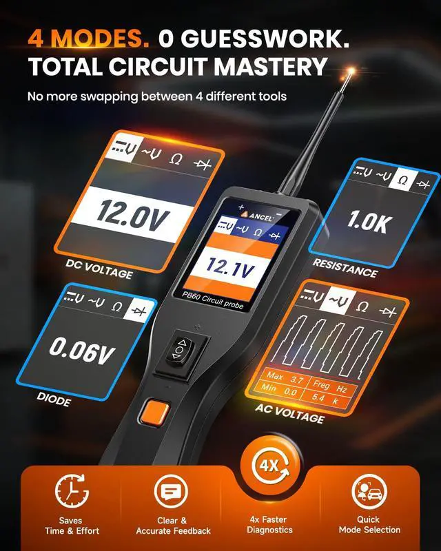 Alt view image 4 of 7 - PB60 Automotive Power Circuit Probe Tester 12-24V, All-in-One Electrical Diagnostic Tool with Component Activation, Short Finder, Digital Multimeter Ohmmeter Functions for Cars Trucks RVs