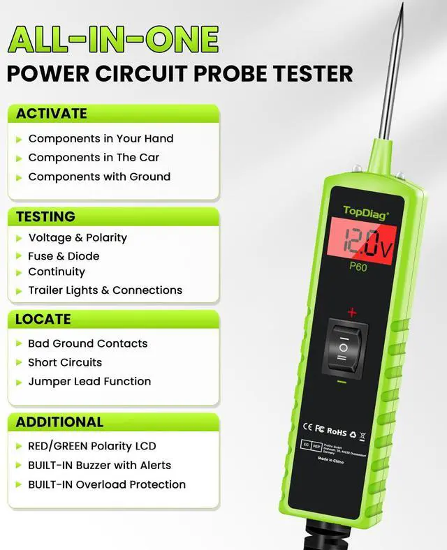 Alt view image 2 of 7 - 12 Volt Test Light Automotive, Power Circuit Probe Kit, 6V - 24V Car Fuse Tester, Voltage Tester 0.3v-70v, AC DC Outlet Tester, Automotive Short Circuit Finder, P60
