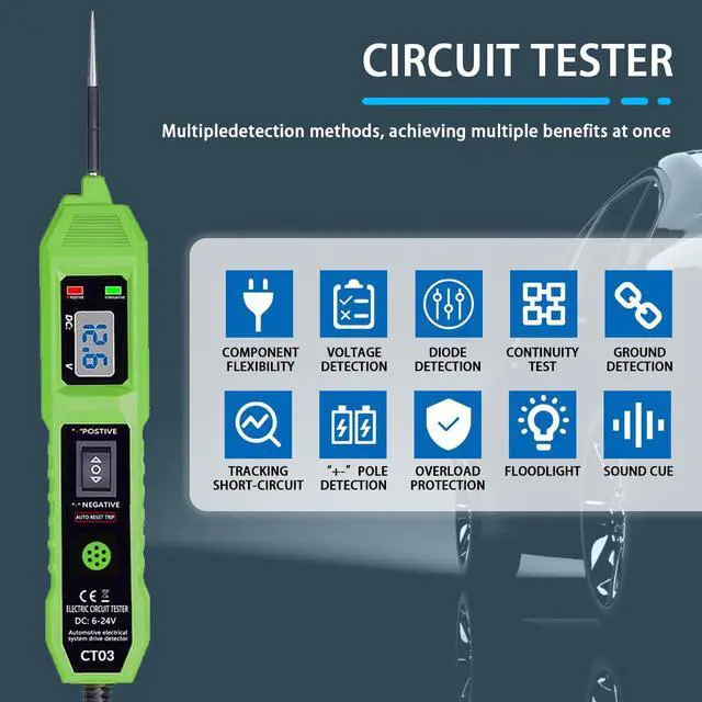 Alt view image 3 of 7 - CT03 Power Circuit Tester, 6-24V DC Test Light Short Circuit, Automotive Component Electrical Polarity Identify Continuity Tester, Overload Protection
