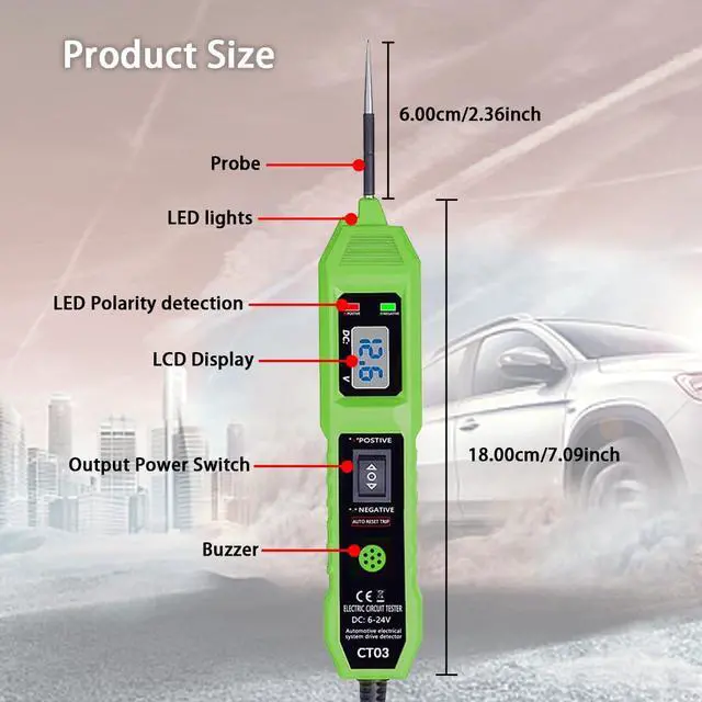 Alt view image 7 of 7 - CT03 Power Circuit Tester, 6-24V DC Test Light Short Circuit, Automotive Component Electrical Polarity Identify Continuity Tester, Overload Protection