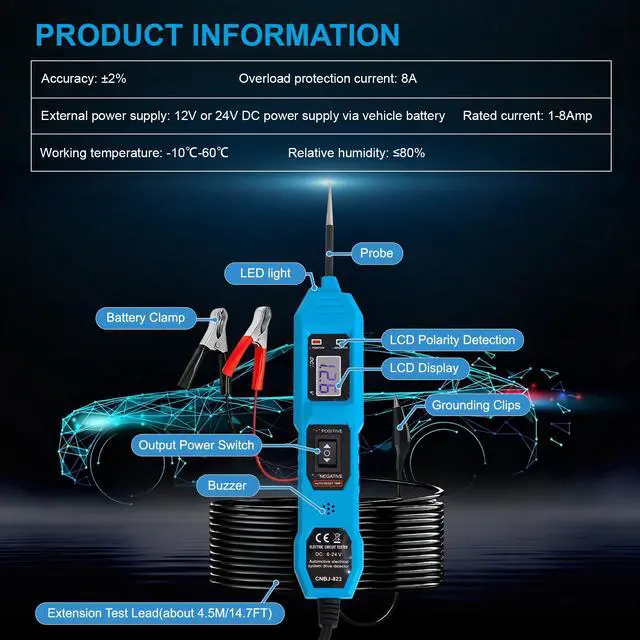 Alt view image 5 of 7 - Power Circuit Probe Tester, 6V-24V DC Automotive Car Electric Fuse & Voltage Tester with LED Test Light, HD LCD Readout, Overload Protection, Short Circuit Finder with 14.7FT Cable