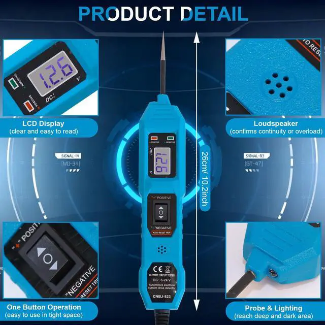 Alt view image 7 of 7 - Power Circuit Probe Tester, 6V-24V DC Automotive Car Electric Fuse & Voltage Tester with LED Test Light, HD LCD Readout, Overload Protection, Short Circuit Finder with 14.7FT Cable