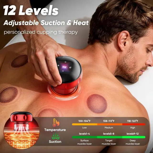 Alt view image 5 of 7 - 2 Pack Smart Cupping Therapy Massager with Red Light, 7-in-1 Electric Cupping Device, Dynamic Cupping Set with 12-Levels Suction & Heat, Cupping Machine for Pain Relief, Muscle Soreness, Aches, Knots