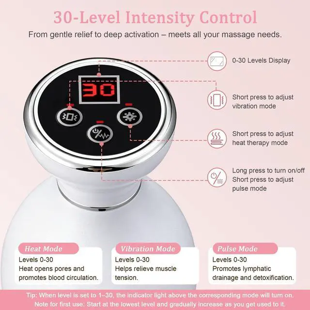 Alt view image 4 of 7 - 4 in 1 Cordless Body Massager with Heat, Vibration, Rhythm Mode and Red Light, Body Gua Sha Tool for Legs, Arms, Belly, Back, Neck and Shoulders, Handheld Body Care Device - White