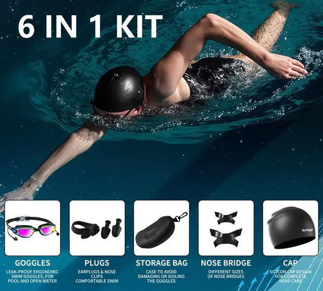 Alt view image 4 of 6 - Swim Goggles+Swim Cap, No Leak Anti-Fog & UVSwimming Goggles Full Protection Adult Men Women Youth6 in 1