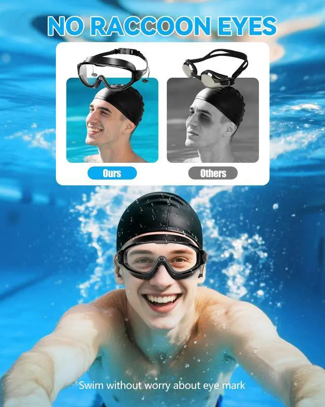 Alt view image 3 of 7 - New Adult Wide View Swim Goggles, Anti-Fog/UV No Leak Swimming Goggles with Ear Plugs for Men & Women